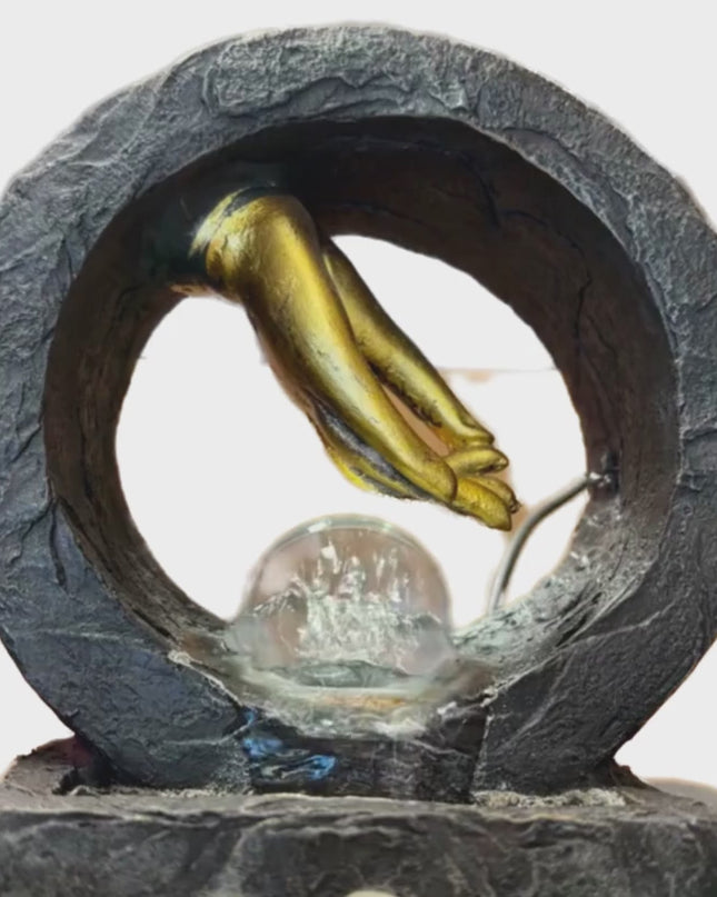 Water Feature Gold Meditating Hand with White Light and Ball